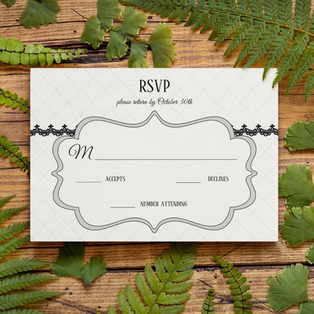 Black Lace on White Custom Wedding RSVP Card (Creator Uploaded)