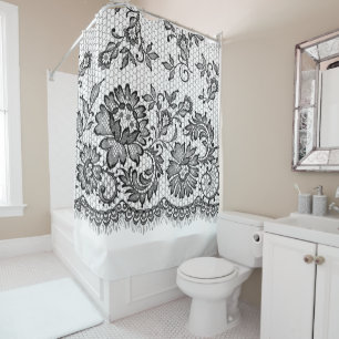 Black Lace on White Shower Curtain