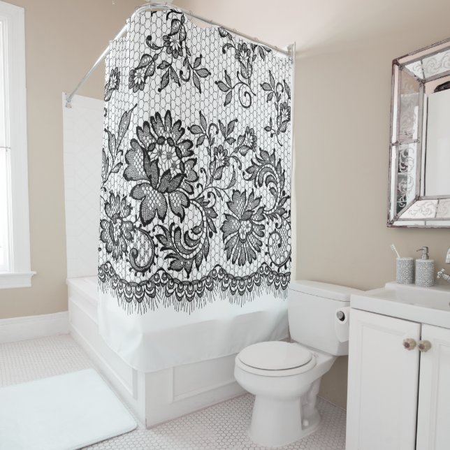 Black Lace on White Shower Curtain (In Situ)