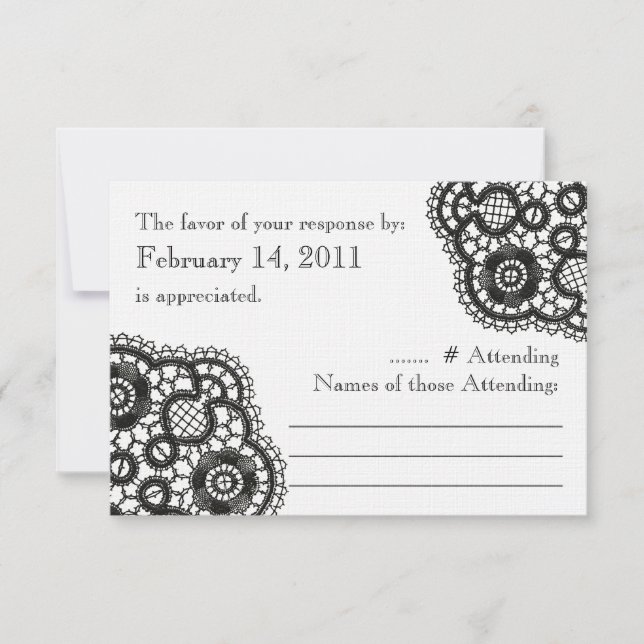 Black Lace on White (Wedding Reply Cards) RSVP Card (Front)