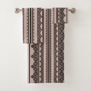 Black lace, openwork, brown background, beige, Bla Bath Towel Set