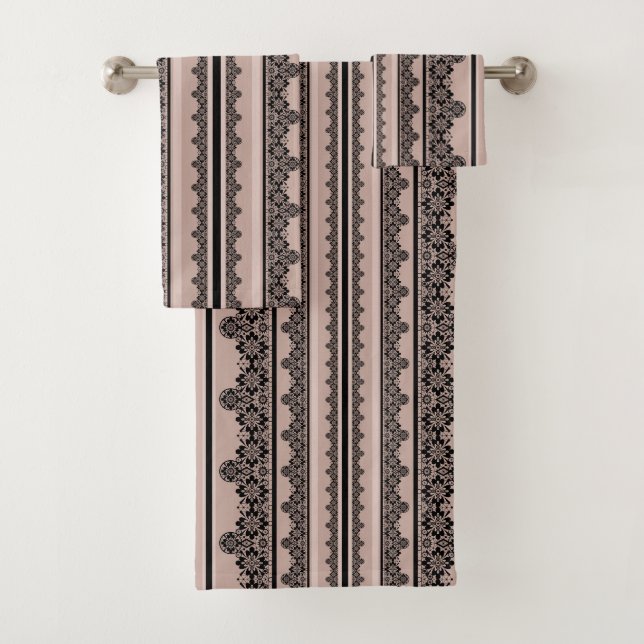 Black lace, openwork, brown background, beige, Bla Bath Towel Set (Insitu)