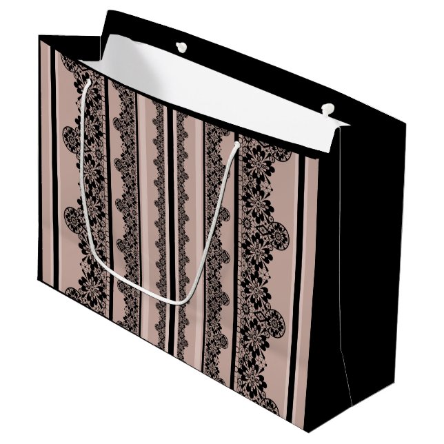 Black lace, openwork, brown background, beige, Bla Large Gift Bag (Front Angled)