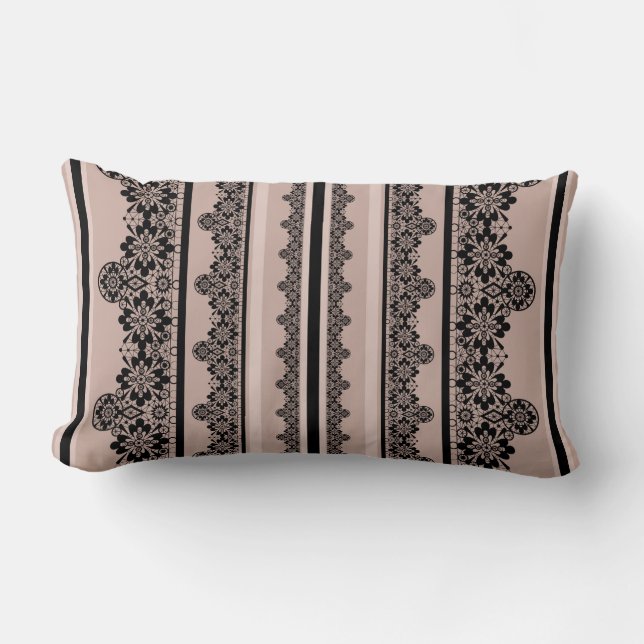 Black lace, openwork, brown background, beige, Bla Lumbar Cushion (Front)