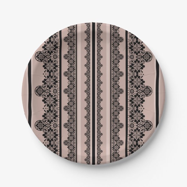 Black lace, openwork, brown background, beige, Bla Paper Plate (Front)