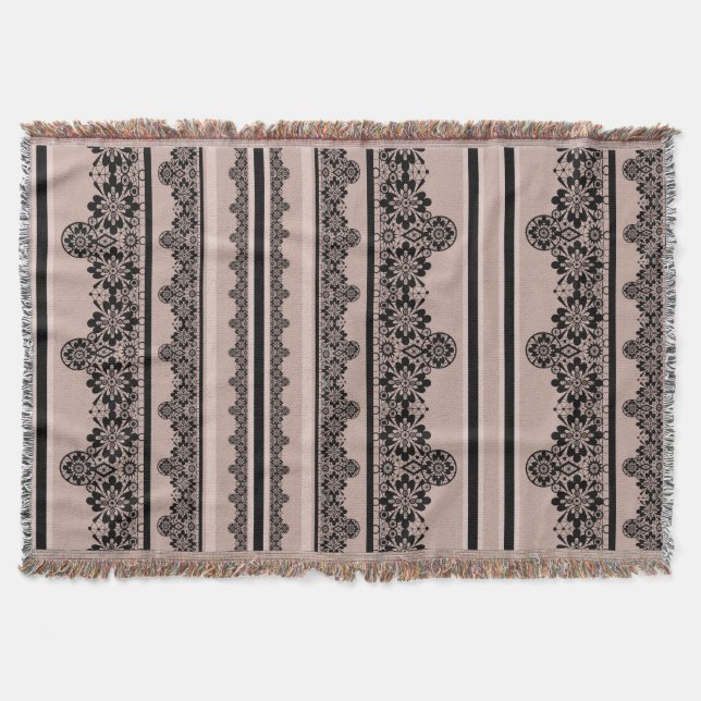 Black lace, openwork, brown background, beige, Bla Throw Blanket (Front)