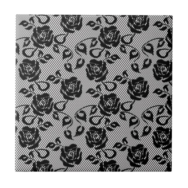 Black lace pattern on white background ceramic tile (Front)