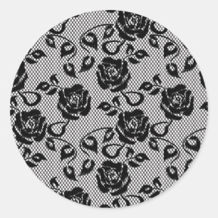 Black lace pattern on white background classic round sticker