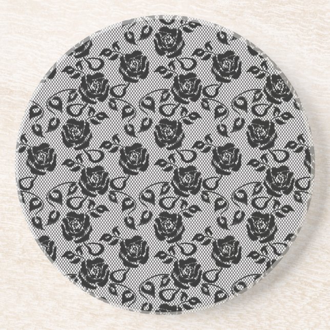 Black lace pattern on white background coaster (Front)