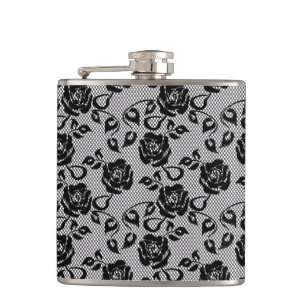 Black lace pattern on white background hip flask