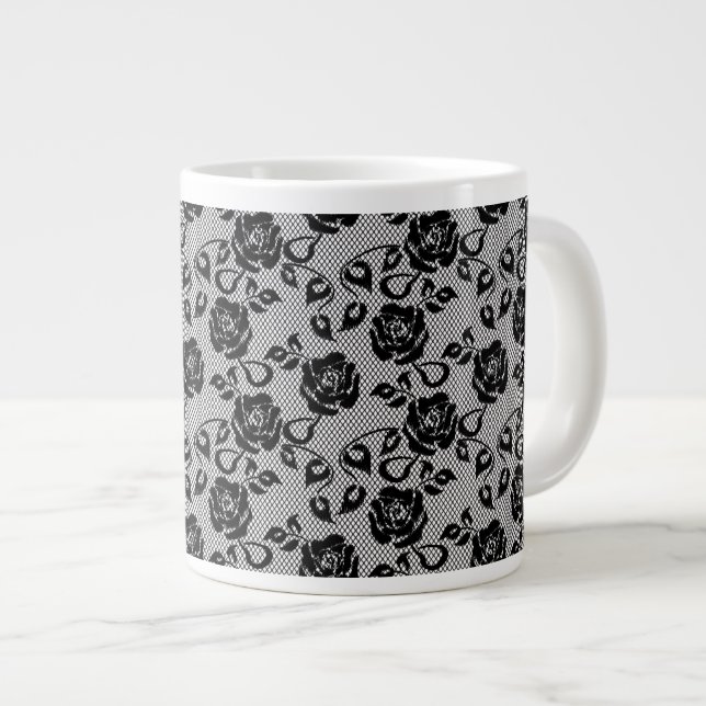Black lace pattern on white background large coffee mug (Front Right)