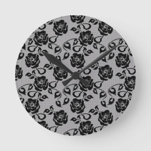 Black lace pattern on white background round clock