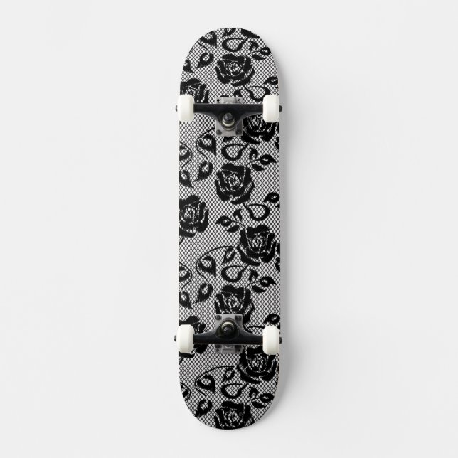 Black lace pattern on white background skateboard (Front)