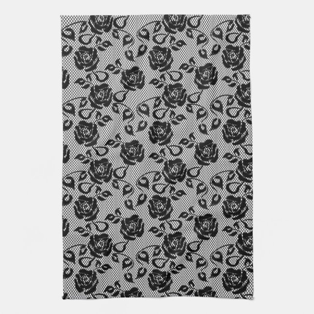 Black lace pattern on white background tea towel (Vertical)