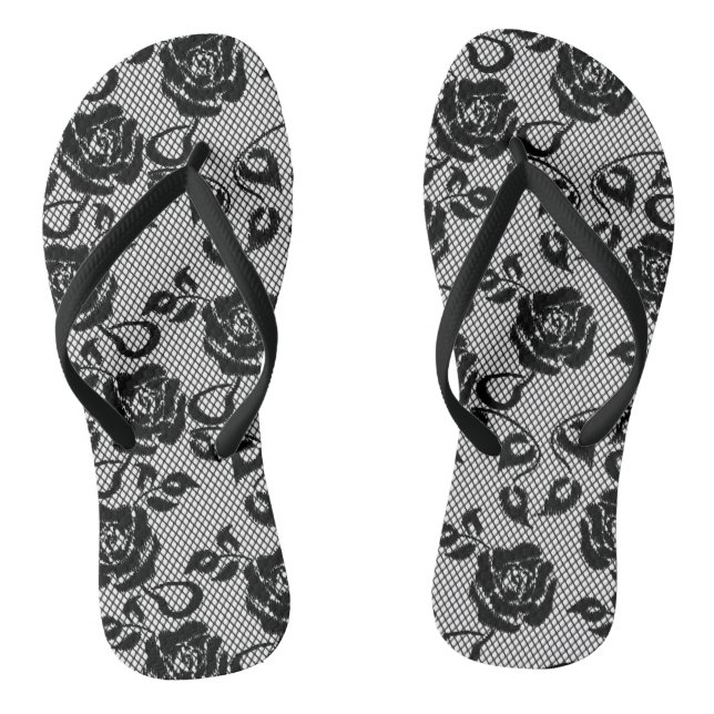 Black lace pattern on white background thongs (Footbed)