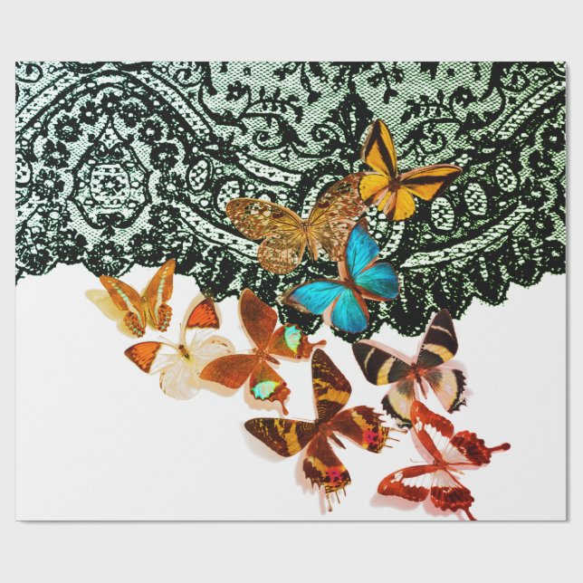 BLACK LACE PATTERN WITH BUTTERFLIES Wrapping Paper (Flat)