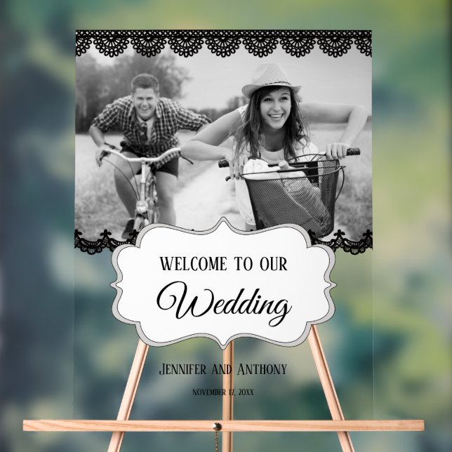 Black Lace Personalised Photo Wedding Welcome Acrylic Sign (Neutral)