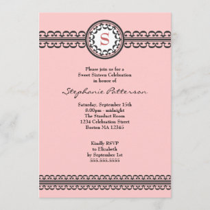 Black Lace Pink Monogram Sweet 16 Invitation