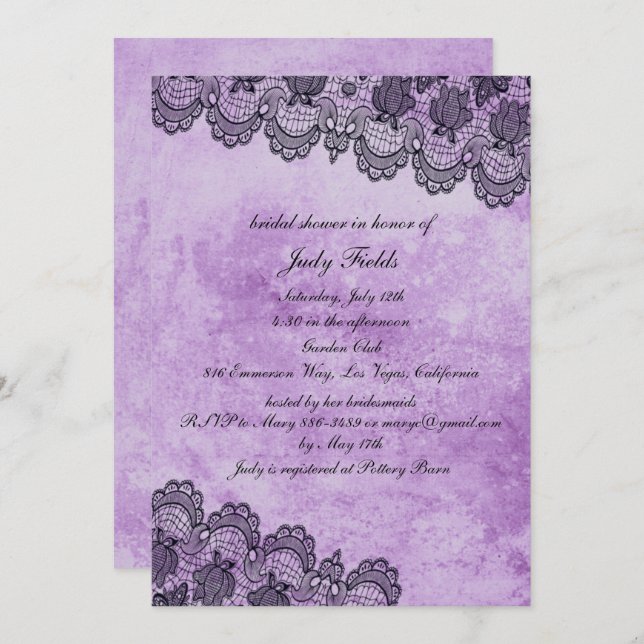 Black Lace Purple Gothic Wedding Bridal Shower Invitation (Front/Back)