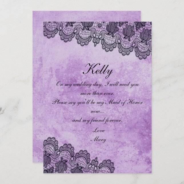 Black Lace Purple Gothic Wedding Maid Of Honour Invitation (Front/Back)