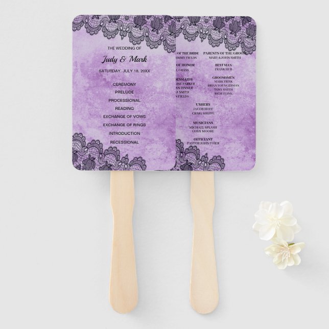 Black Lace Purple Gothic Wedding Program Hand Fan (Front and Back)