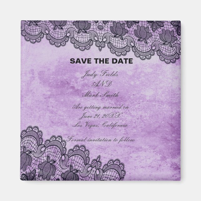 Black Lace Purple Gothic Wedding Save The Date Magnet (Front)