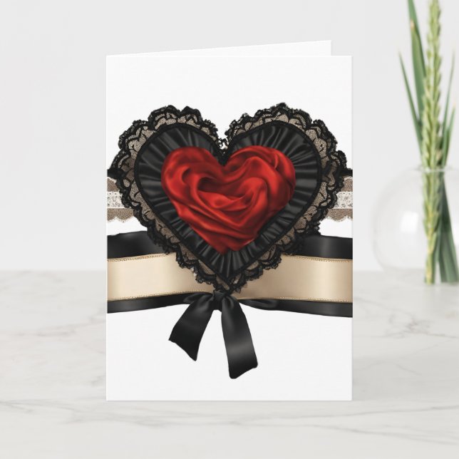 Black Lace Red Ribbon Valentine's Day Heart Card (Front)