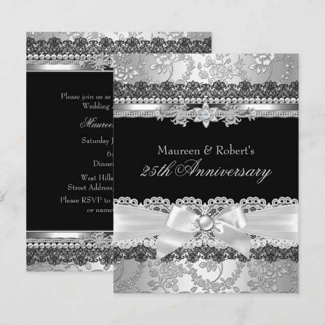 Black Lace & Silver Pearl Bow 25th Anniversary Invitation (Front/Back)