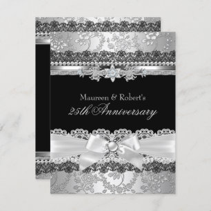 Black Lace & Silver Pearl Bow 25th Anniversary Invitation