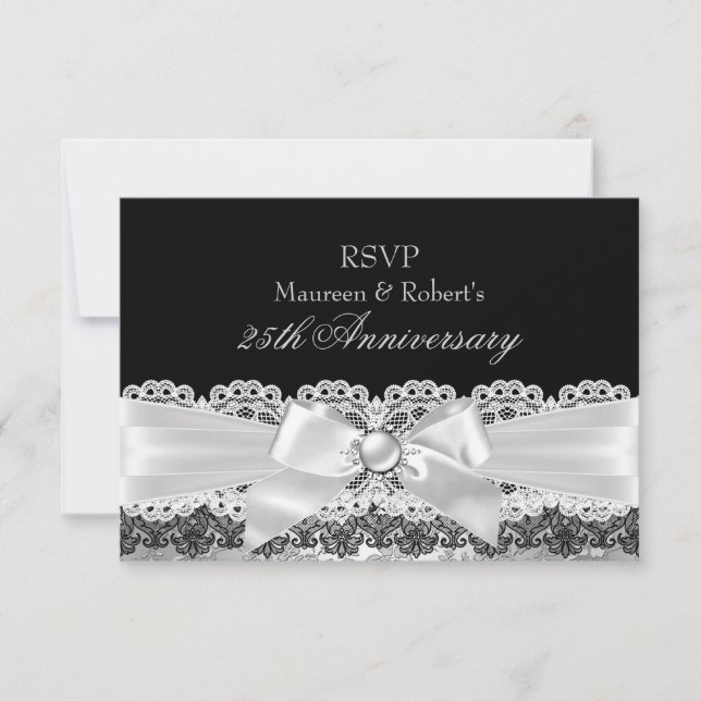 Black Lace & Silver Pearl Bow Anniversary RSVP (Front)
