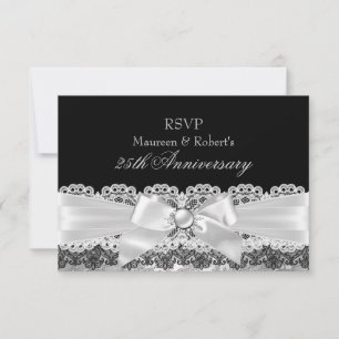 Black Lace & Silver Pearl Bow Anniversary RSVP