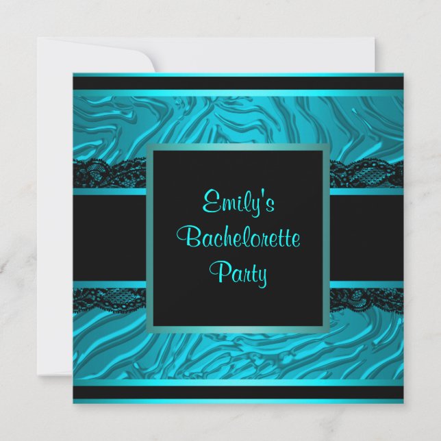 Black Lace Teal Zebra Bachelorette Party Invitation (Front)