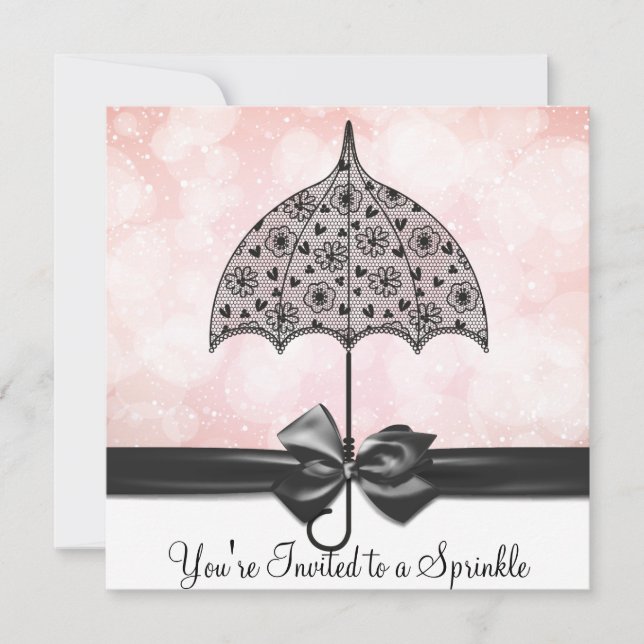 Black Lace Umbrella Pink Baby Sprinkle Baby Shower Invitation (Front)