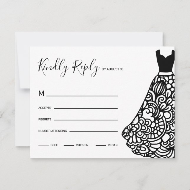 Black Lace Wedding Dress RSVP Card (Front)