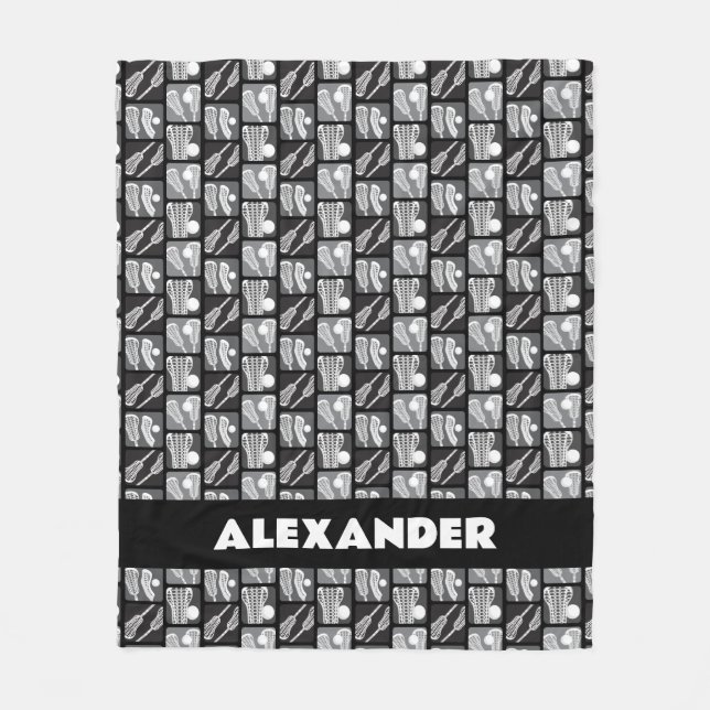 Black Lacrosse Blocks of Sticks and Balls Fleece Blanket (Front)