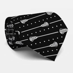 Black Lacrosse White Sticks & Dotted Lines Pattern Tie