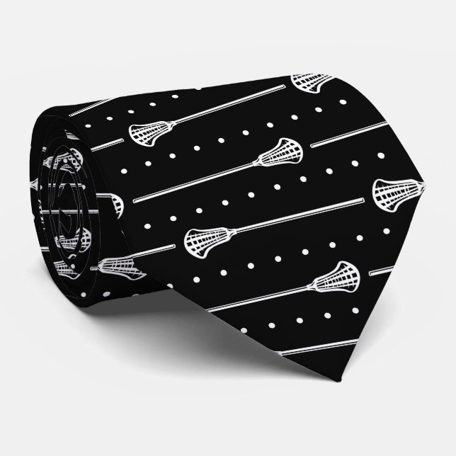 Black Lacrosse White Sticks & Dotted Lines Pattern Tie (Rolled)