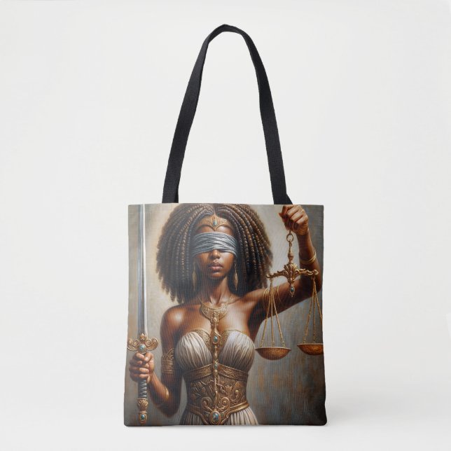 Black Lady Justice Holding Scales and Sword Art Tote Bag (Front)