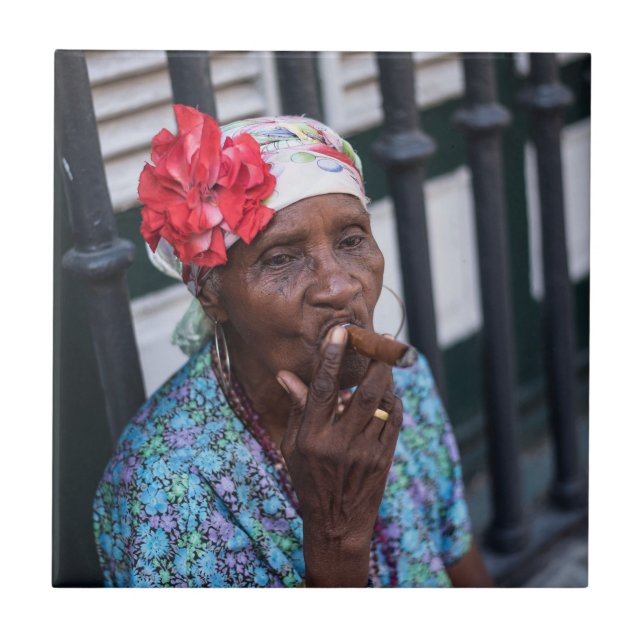 Black lady smoking a cigar with flower on head ceramic tile (Front)