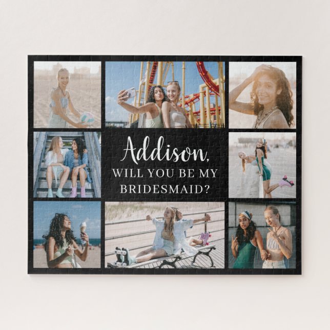 Black Large 8 Photo Collage Bridesmaid Proposal Jigsaw Puzzle (Horizontal)