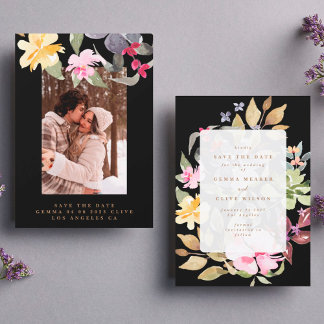 Black Large Floral Frame Watercolor Wedding Photo Save The Date