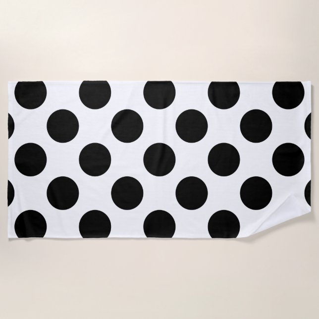 Black Large Polka Dots Pattern Beach Towel (Front)