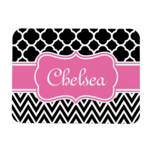 Black Lattice / Chevron Patterns Pink Name Magnet