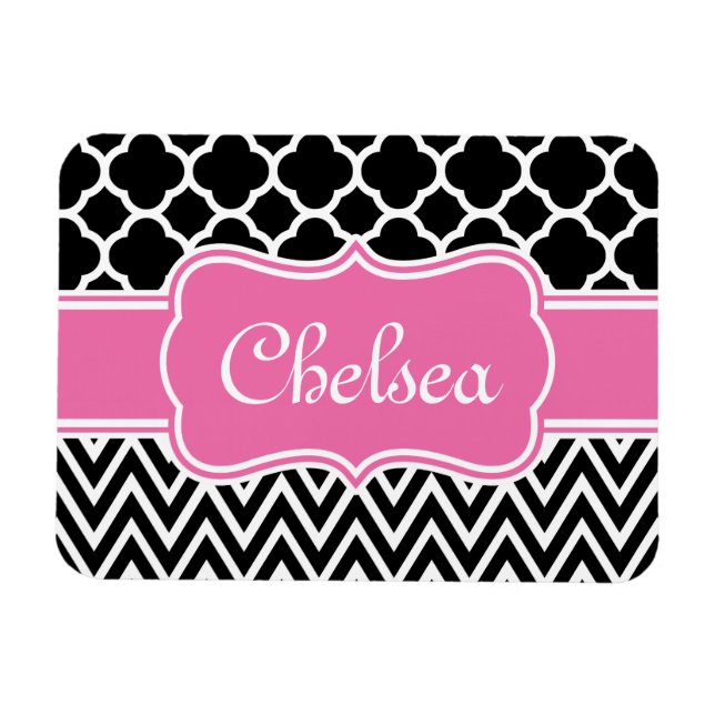 Black Lattice / Chevron Patterns Pink Name Magnet (Horizontal)