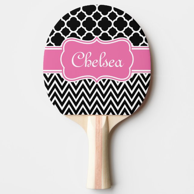 Black Lattice / Chevron Patterns Pink Name Ping Pong Paddle (Front)