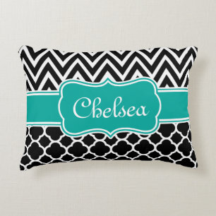 Black Lattice / Chevron Patterns Teal Name Decorative Cushion