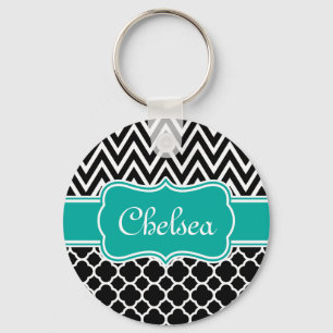 Black Lattice / Chevron Patterns Teal Name Key Ring