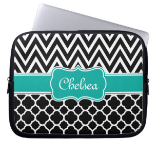 Black Lattice / Chevron Patterns Teal Name Laptop Sleeve