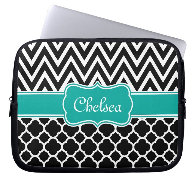 Black Lattice / Chevron Patterns Teal Name Laptop Sleeve (Front)