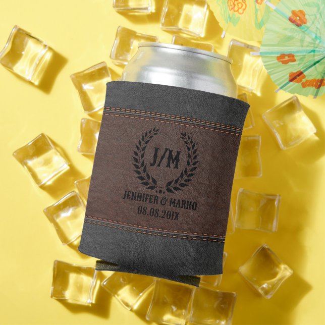 Black Laurel Wreath Brown & Black Stitched Leather Can Cooler (In Situ Summer)